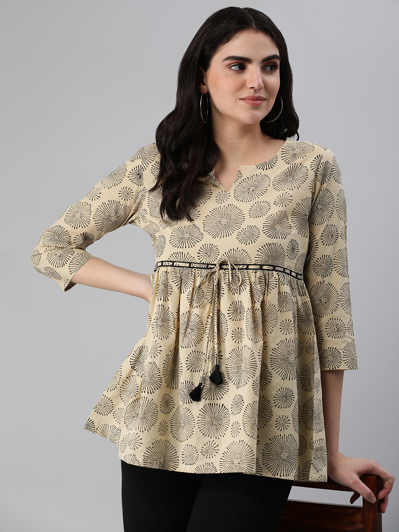 Flared bagru printed top with gathering and lace detailing at waist.