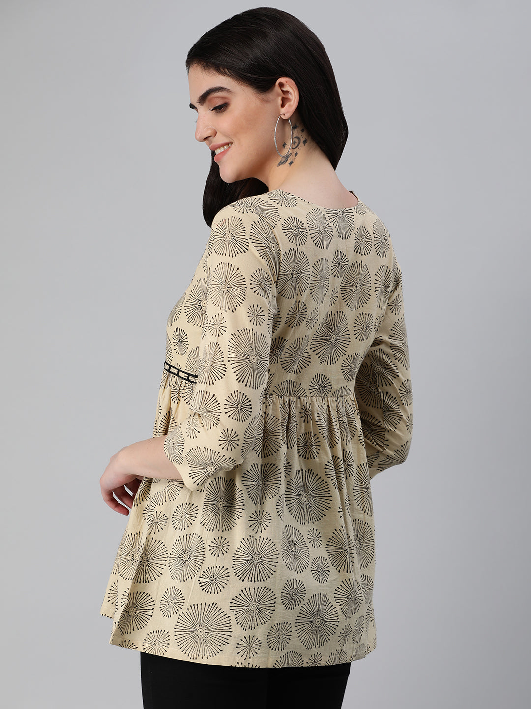 Flared bagru printed top with gathering and lace detailing at waist