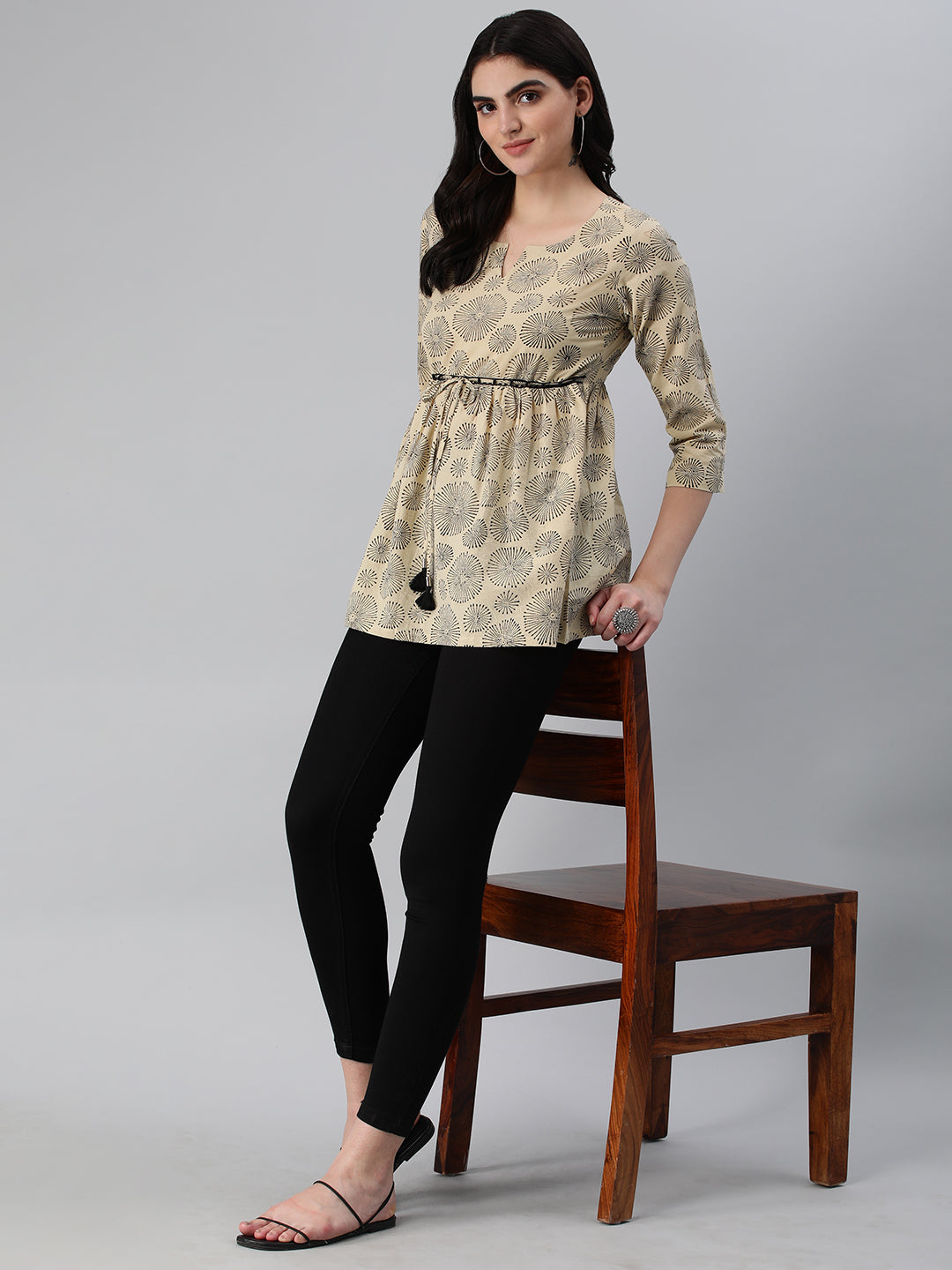 Flared bagru printed top with gathering and lace detailing at waist