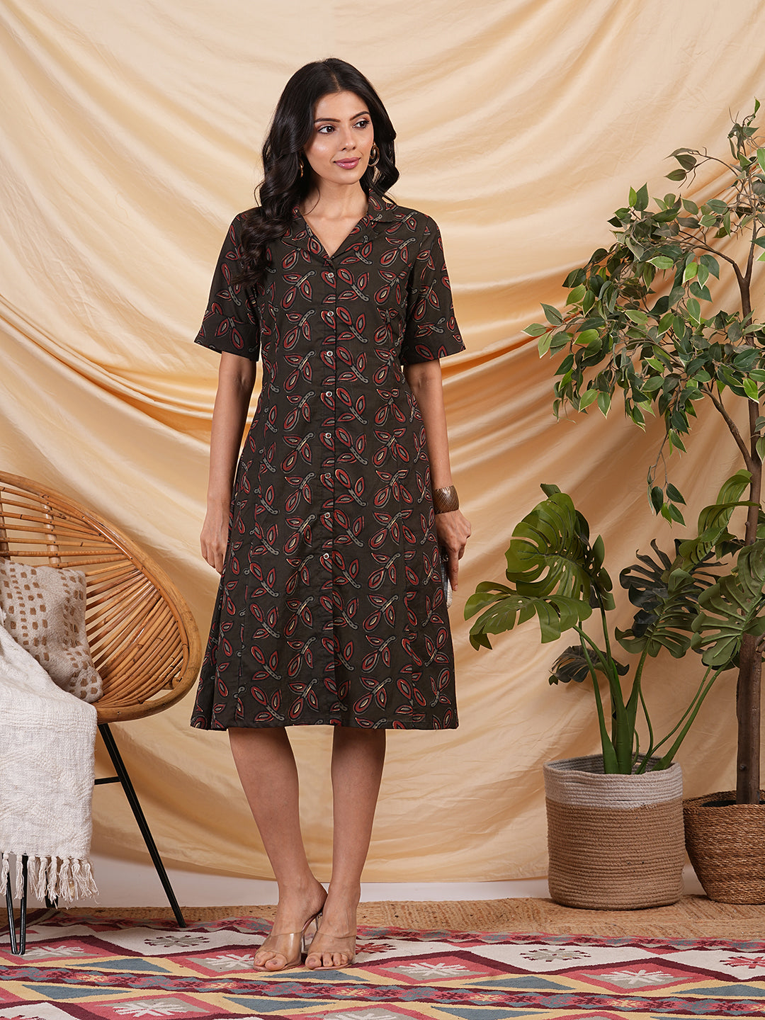 A-line cotton printed dress with pocket