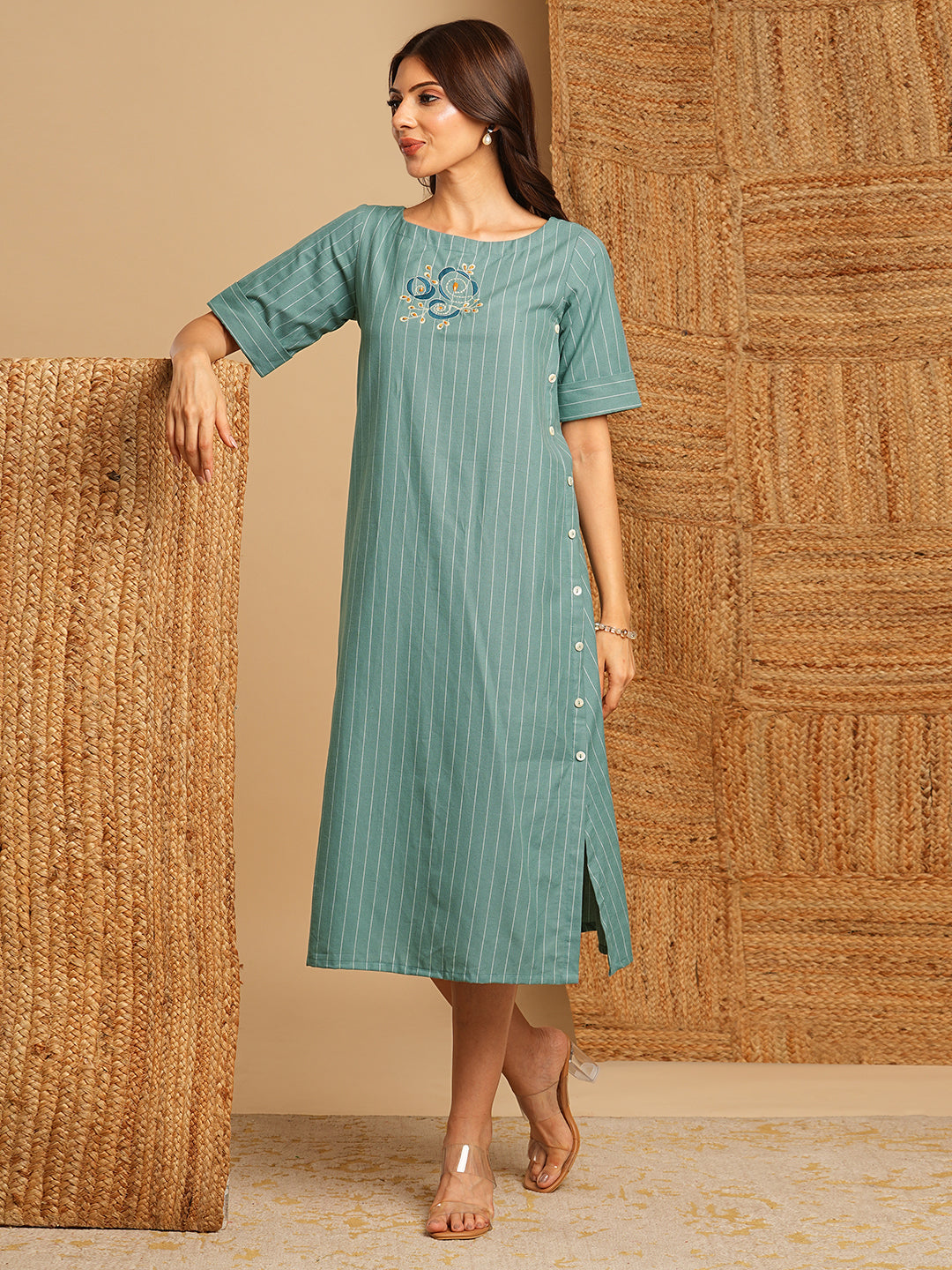 Embroidered A line dress in cotton stripe fabric with button detailing