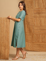 Embroidered A line dress in cotton stripe fabric with button detailing.