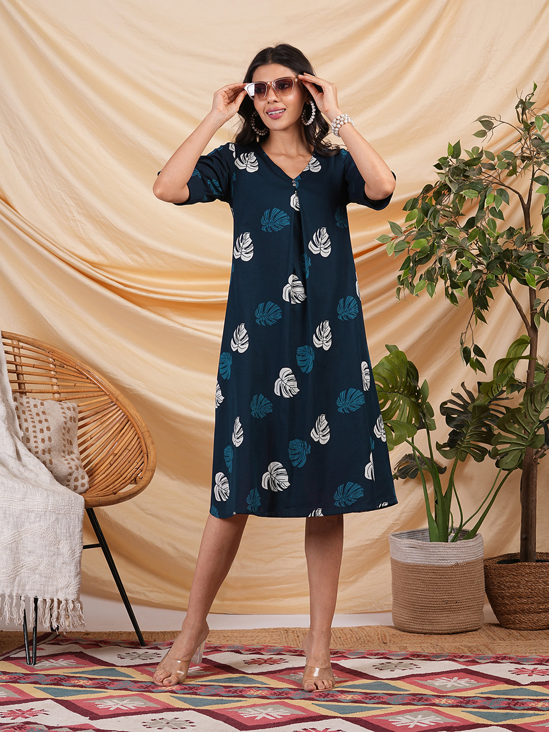 printed cotton a line dress with box pleat and pocket
