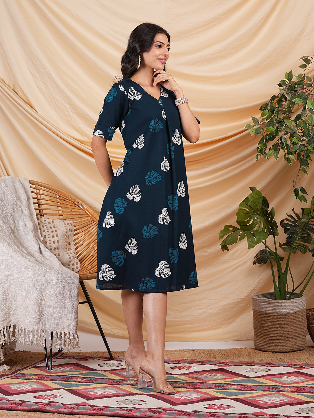 printed cotton a line dress with box pleat and pocket
