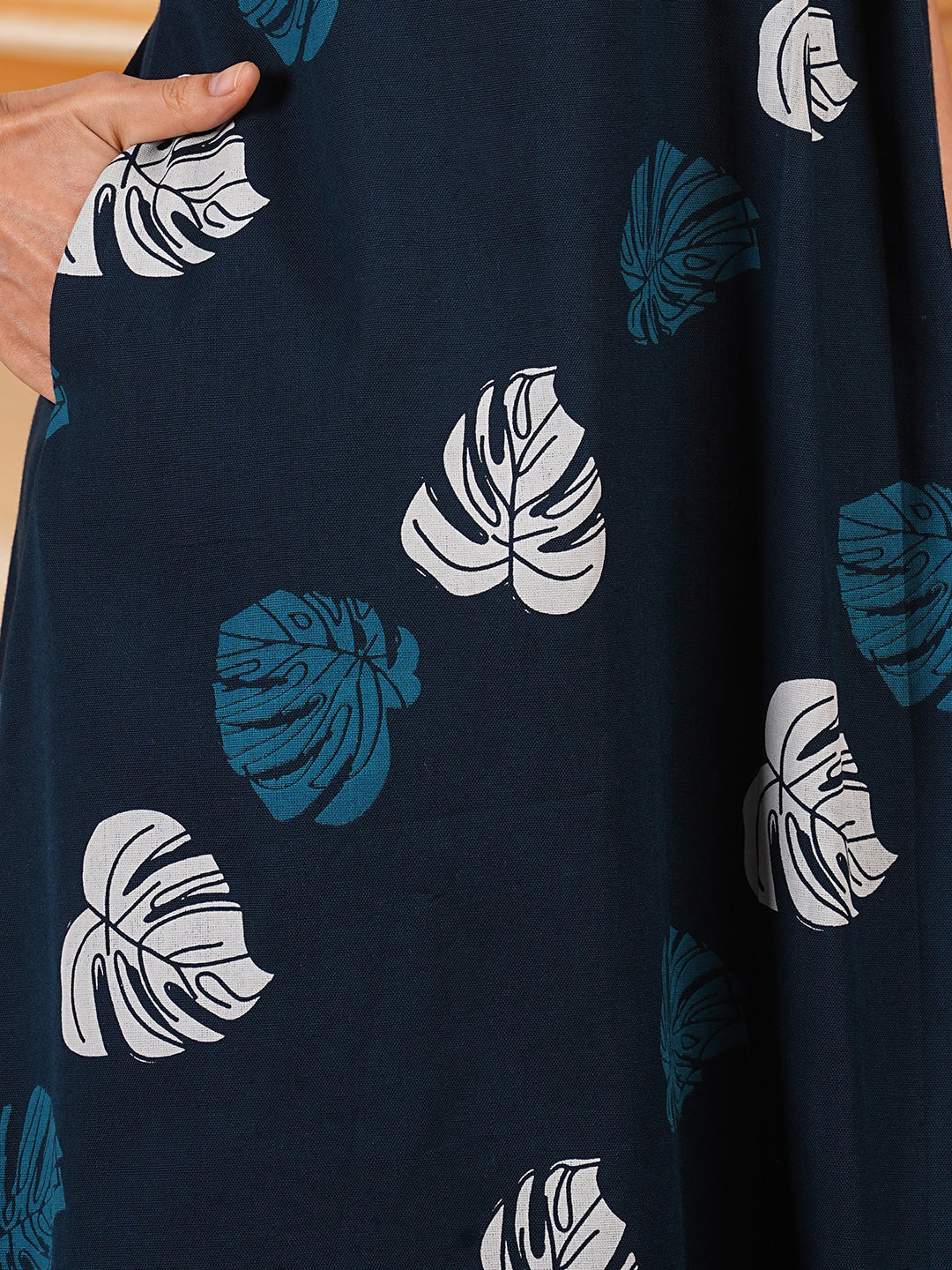 printed cotton a line dress with box pleat and pocket