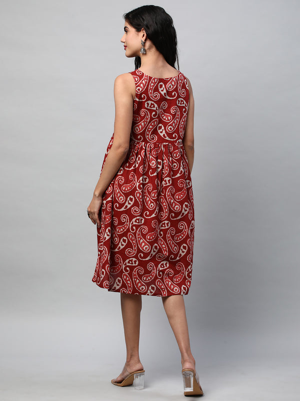 Boxy flared printed cotton dress with hand embroidery