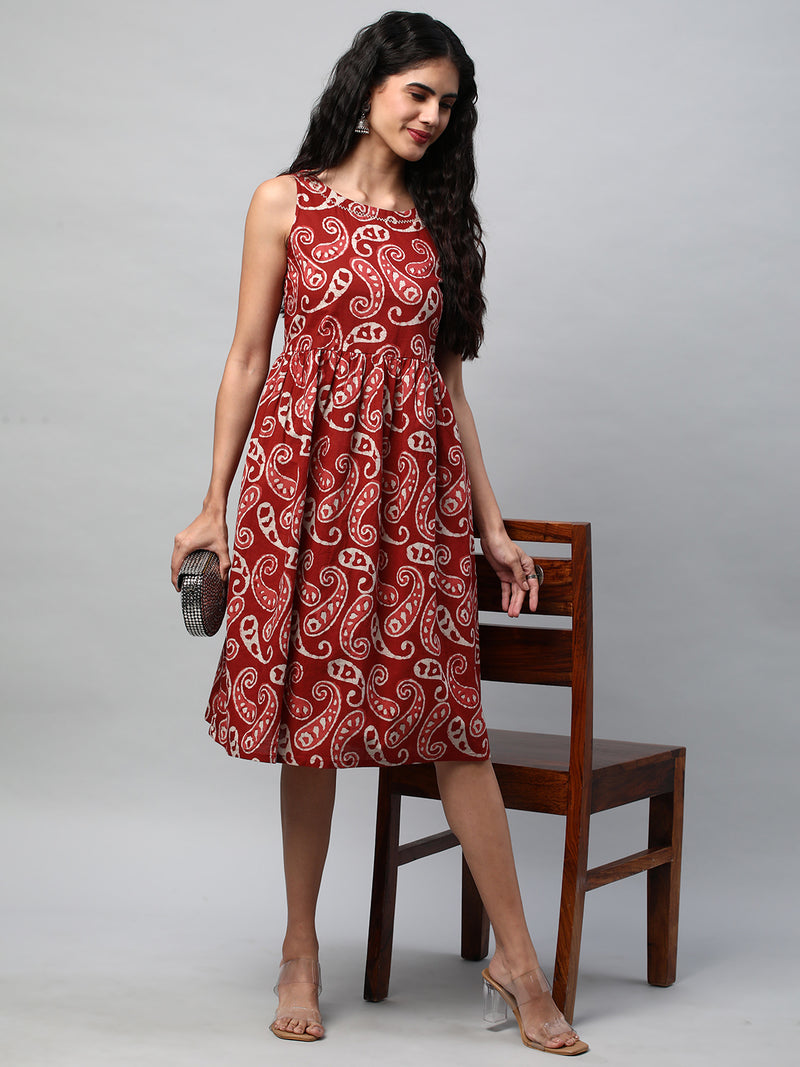 Boxy flared printed cotton dress with hand embroidery