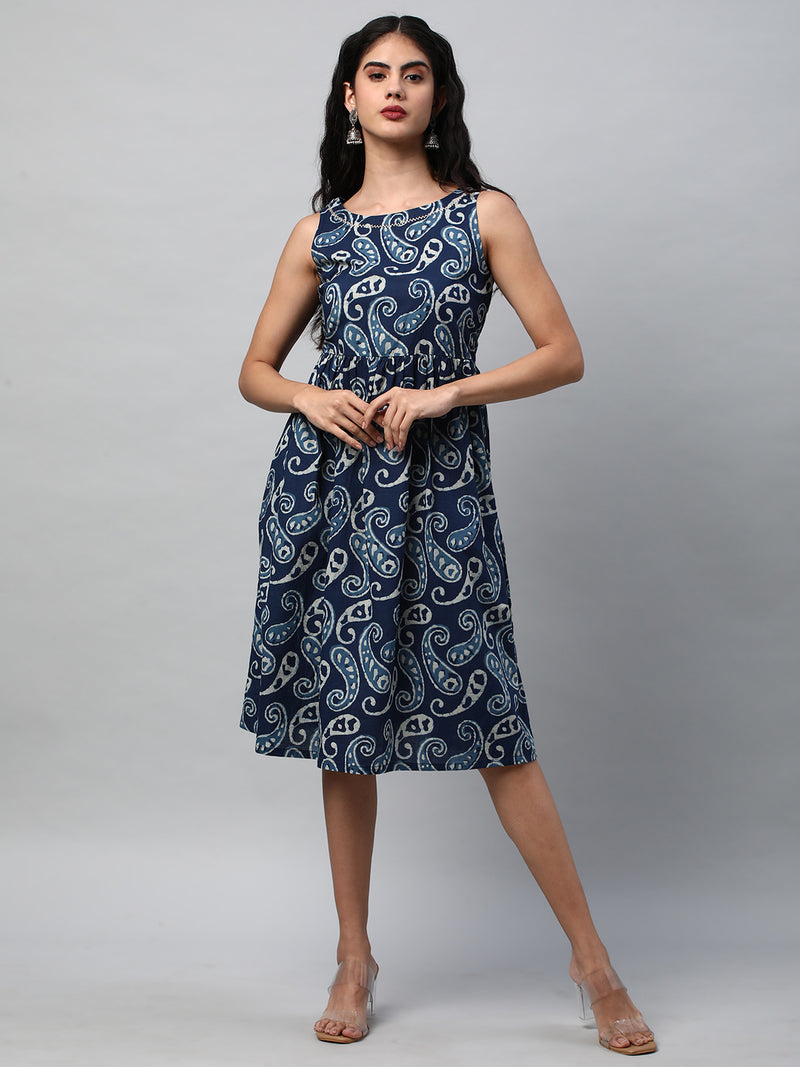 Boxy flared printed cotton dress with hand embroidery