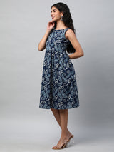 Boxy flared printed cotton dress with hand embroidery