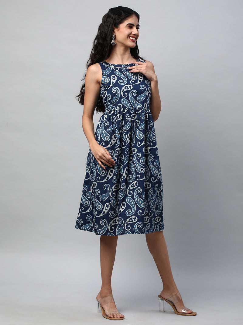 Boxy flared printed cotton dress with hand embroidery