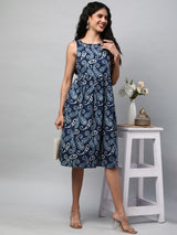 Boxy flared printed cotton dress with hand embroidery