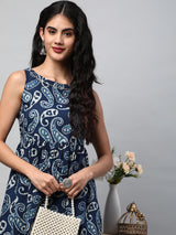 Boxy flared printed cotton dress with hand embroidery