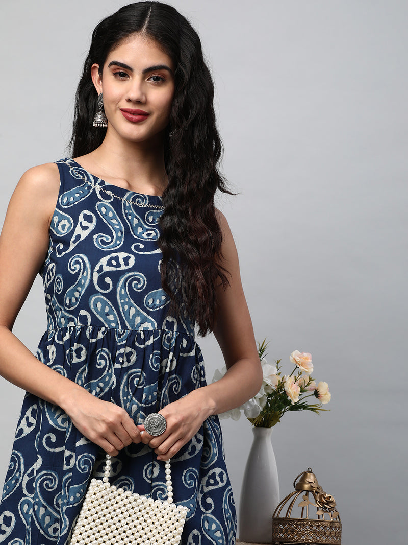 Boxy flared printed cotton dress with hand embroidery