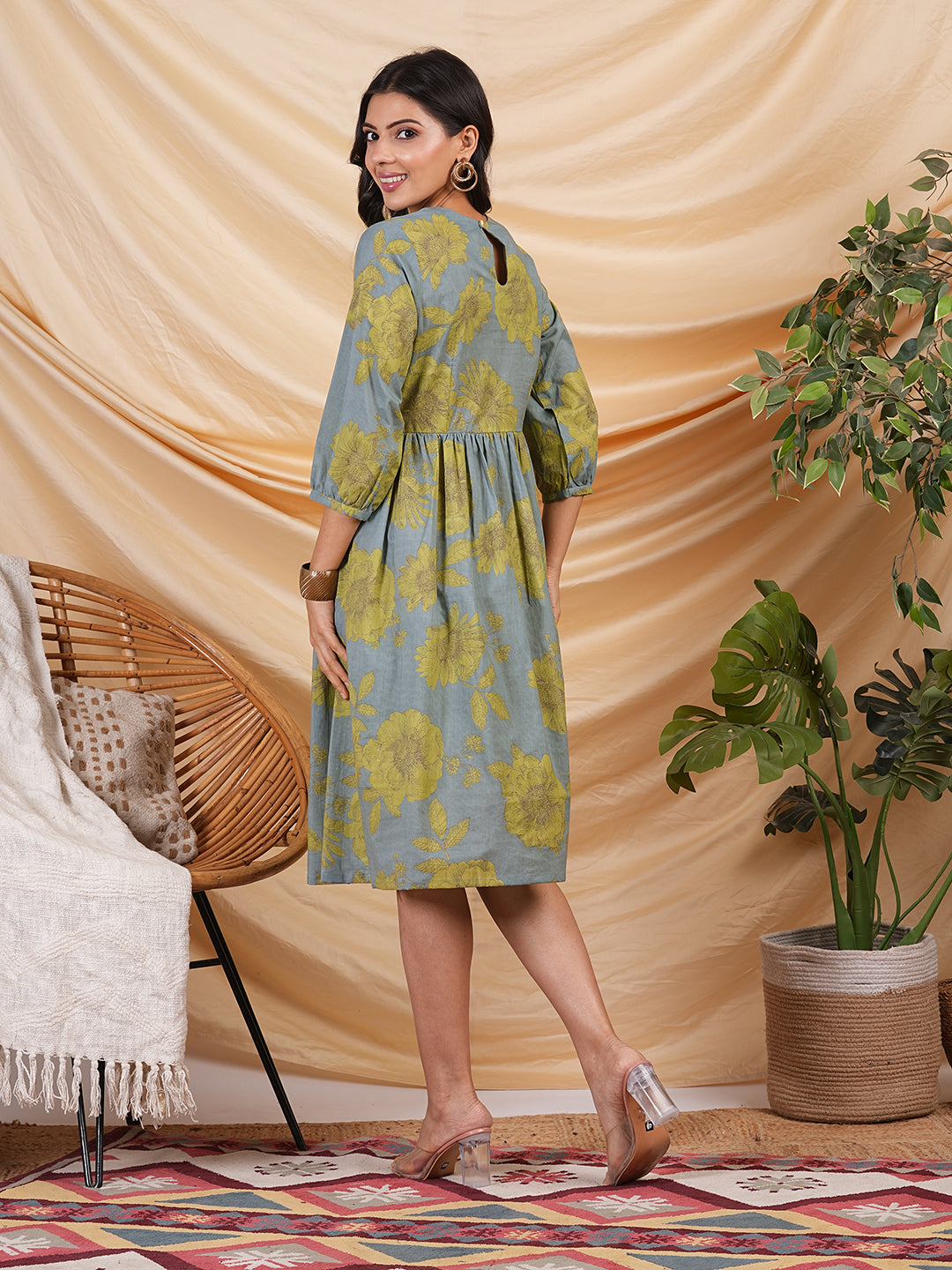 Floral printed Fit and Flare dress with bishop sleeve