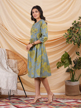 Floral printed Fit and Flare dress with bishop sleeve.