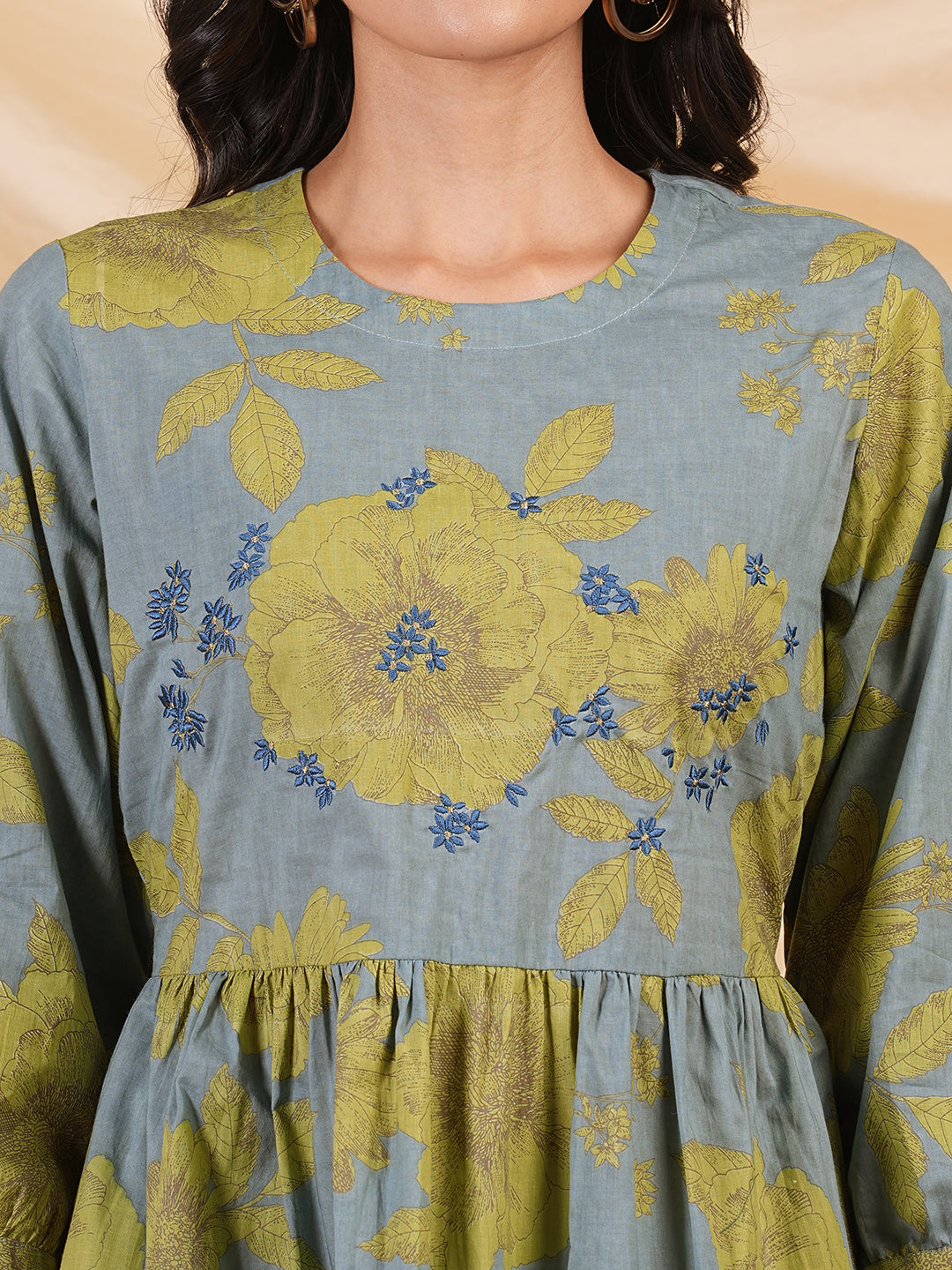 Floral printed Fit and Flare dress with bishop sleeve