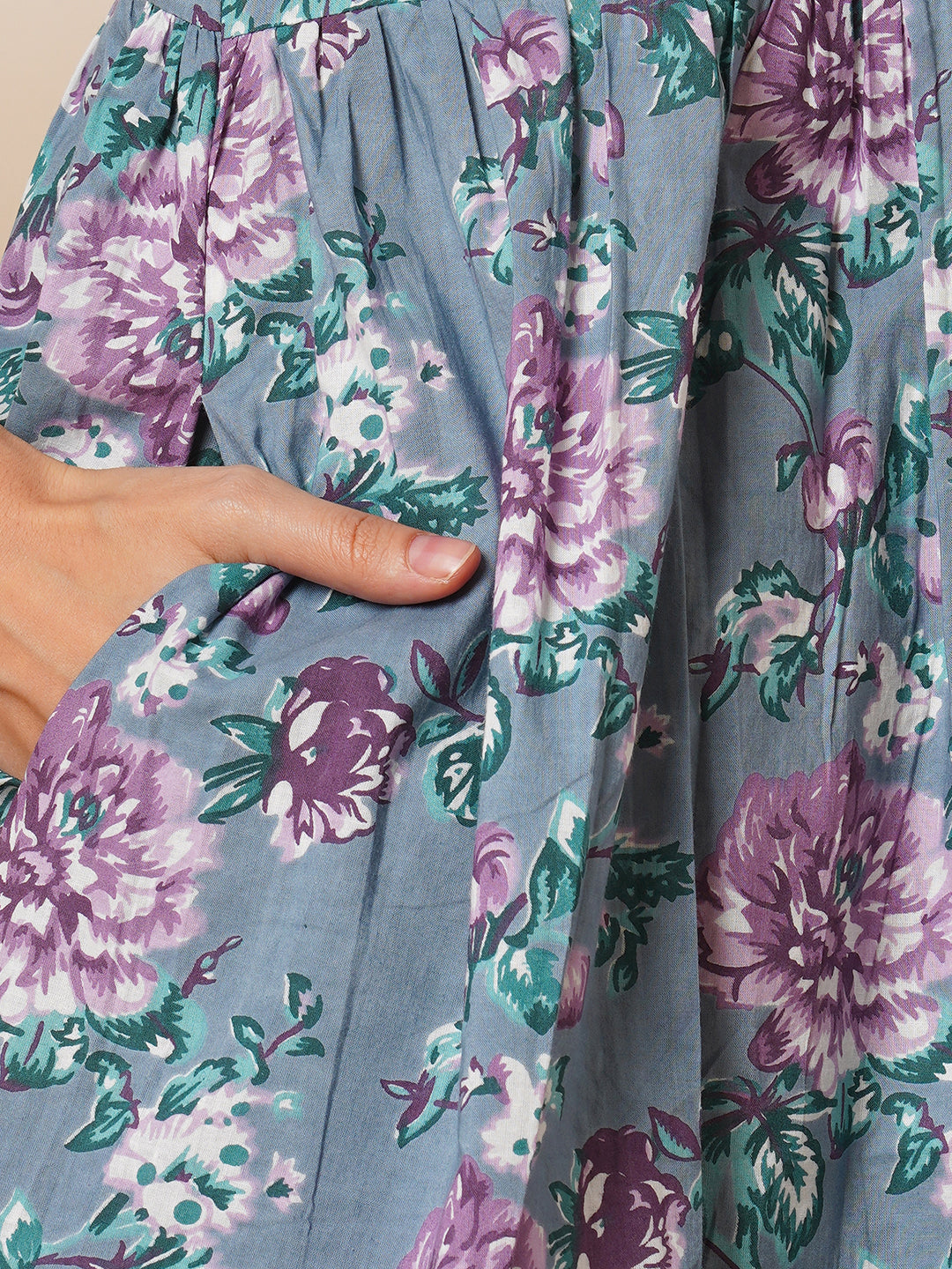 Fit and flared floral printed gathered dress with stand collar, placket and sleeve detailing