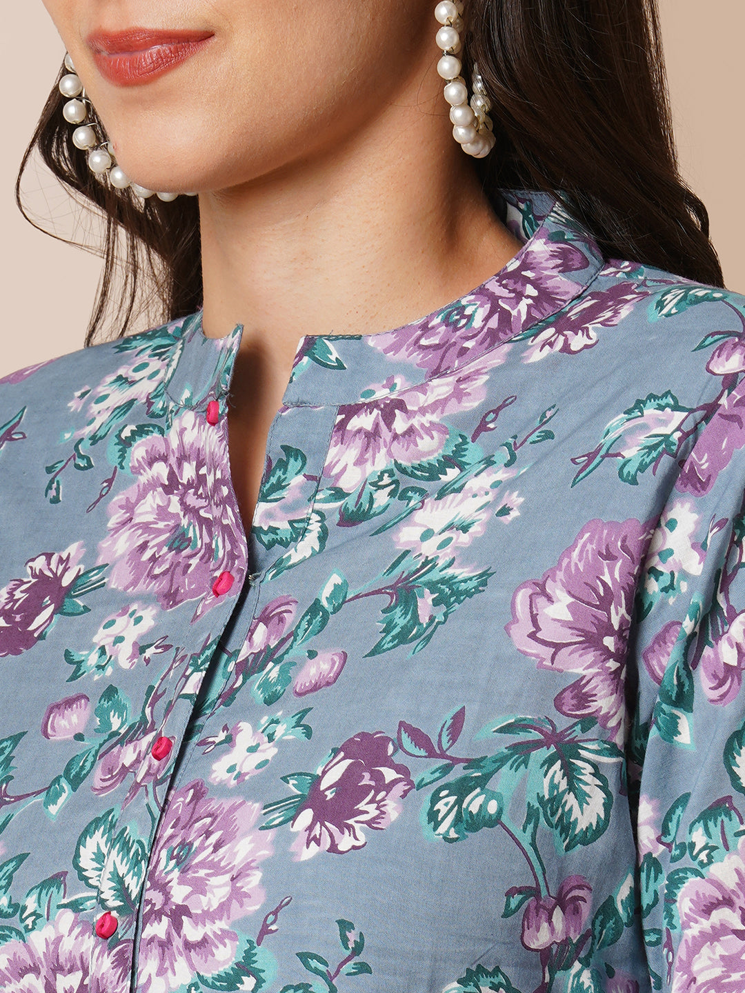 Fit and flared floral printed gathered dress with stand collar, placket and sleeve detailing