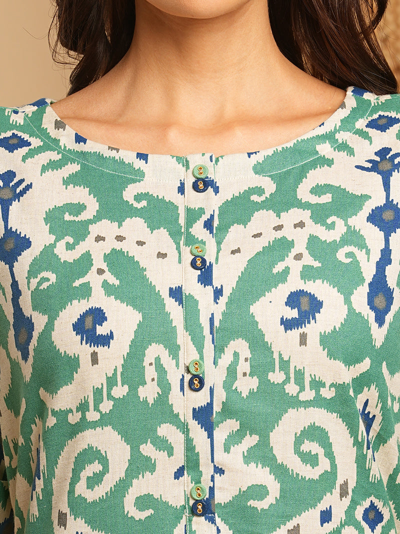 A-Line cotton Ikat dress with front placket and buttons on front.