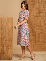 A-Line cotton Ikat dress with front placket and buttons on front.