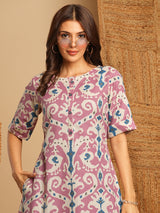 A-Line cotton Ikat dress with front placket and buttons on front.