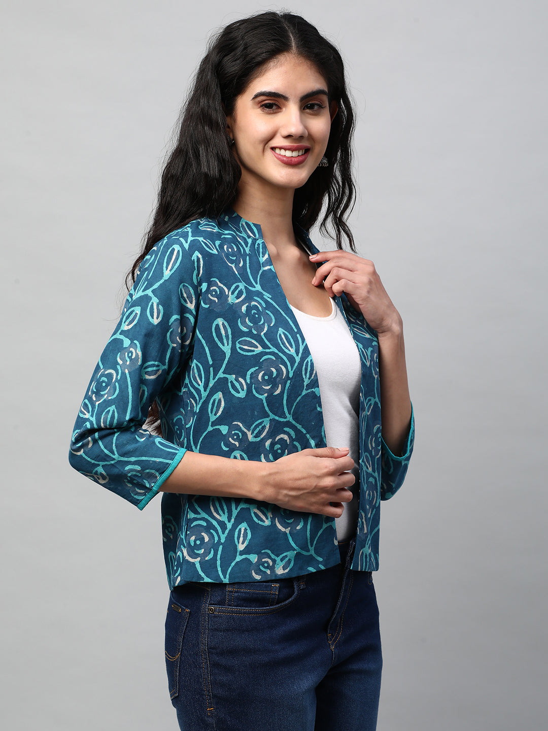 Reversible Short Jacket with Floral hand crafted dhabu block print