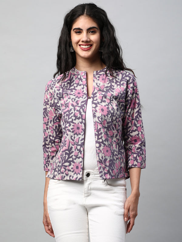 Reversible Short Jacket with Floral hand crafted dhabu block print.
