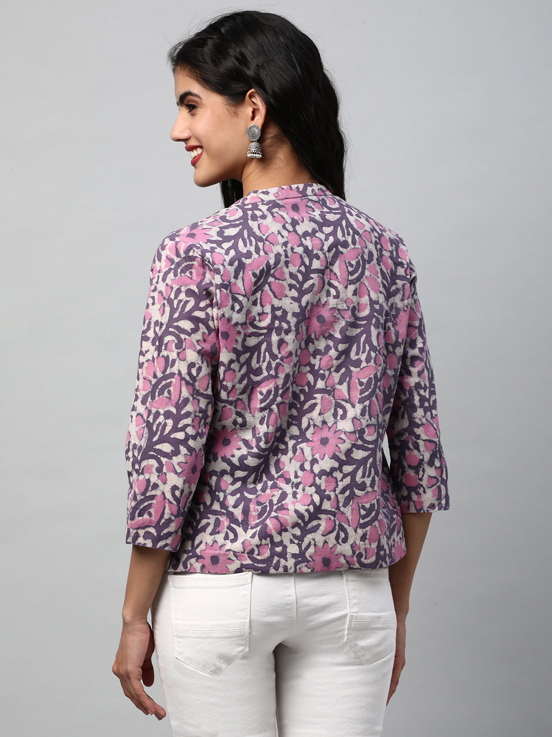 Reversible Short Jacket with Floral hand crafted dhabu block print