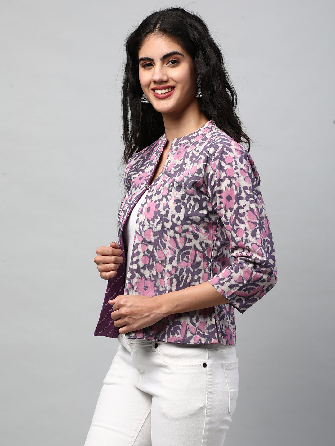 Reversible Short Jacket with Floral hand crafted dhabu block print