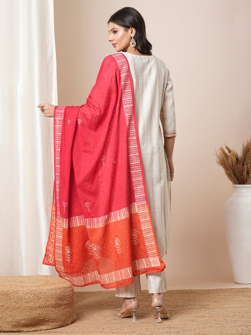 Straight kurta suit set features a handloom yoke embellished with dori work.