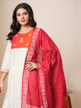 Straight kurta suit set features a handloom yoke embellished with dori work.