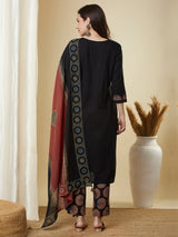 The black traditional geometric printed suit set with applique and hand detailing.