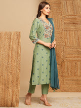 Straight kurta with floral printed yoke highlighted with handwork paired up with self color pants and contrasting dupatta.