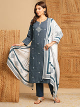 Straight kurta with minimal block print and hand work and traditional block printed dupatta.