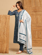 Straight kurta with minimal block print and hand work and traditional block printed dupatta.