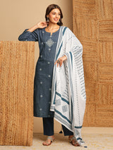 Straight kurta with minimal block print and hand work and traditional block printed dupatta.