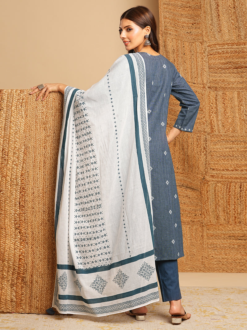 Straight kurta with minimal block print and hand work and traditional block printed dupatta.