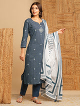 Straight kurta with minimal block print and hand work and traditional block printed dupatta.