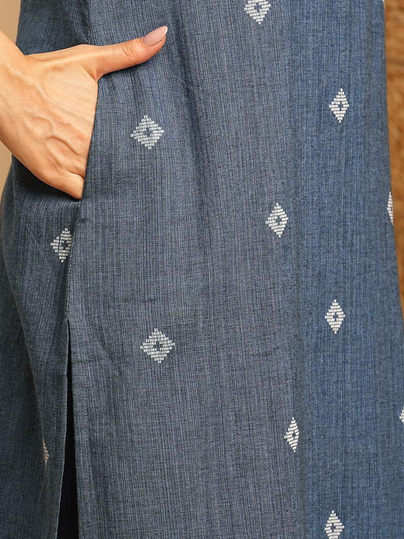 Straight kurta with minimal block print and hand work and traditional block printed dupatta.