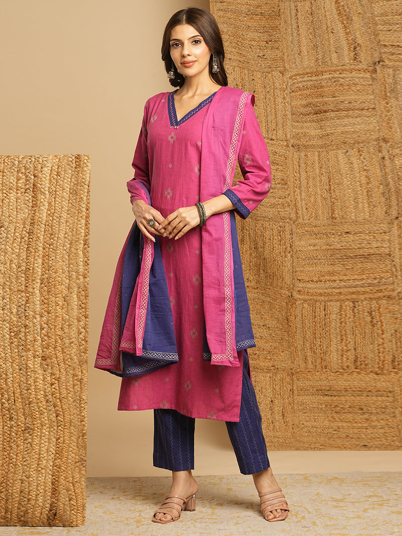 V-neck straight kurta with hand embroidery highlighted on the neckline Paired with double dye block printed  mull dupatta and straight pants.