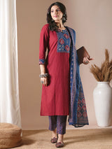 Maroon straight kurta set with traditional block printed bottoms and kota dupatta.