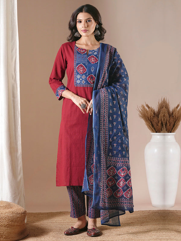 Maroon straight kurta set with traditional block printed bottoms and kota dupatta.