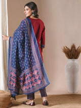 Maroon straight kurta set with traditional block printed bottoms and kota dupatta.