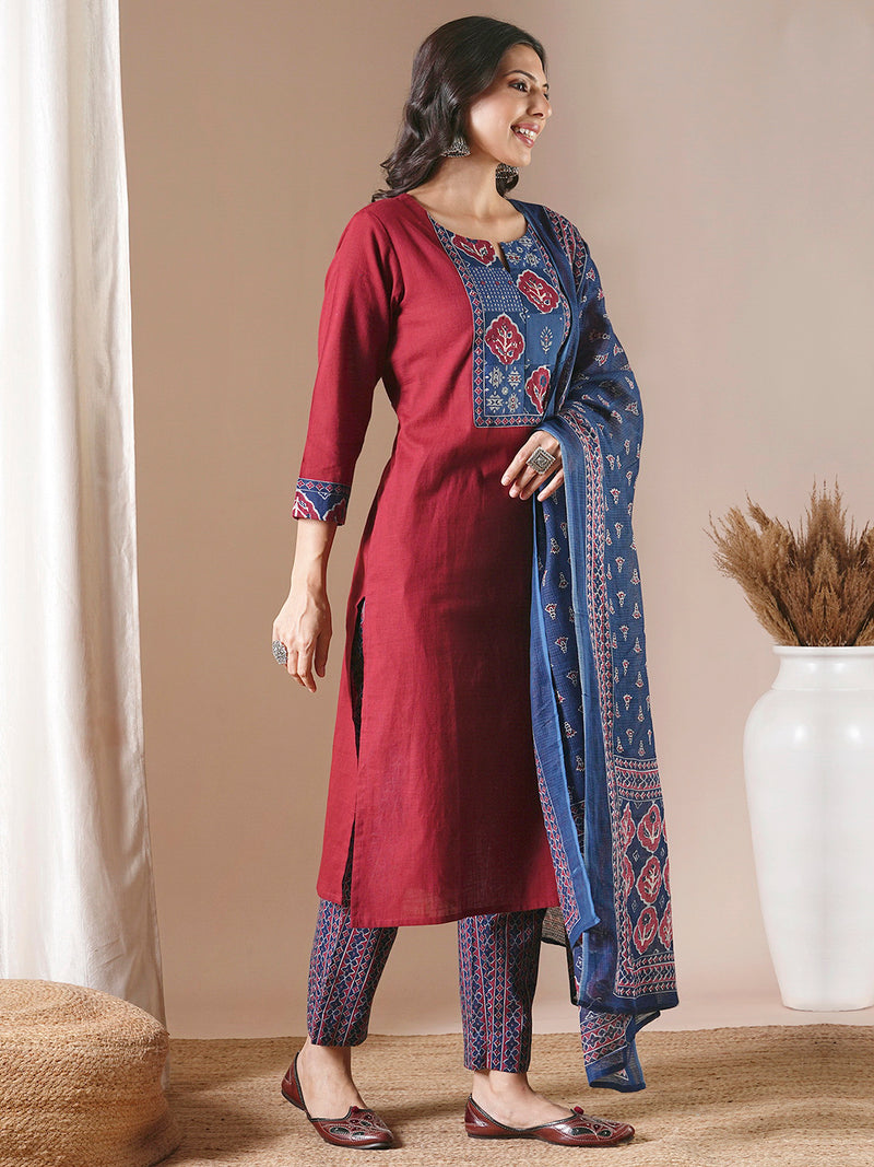 Maroon straight kurta set with traditional block printed bottoms and kota dupatta.