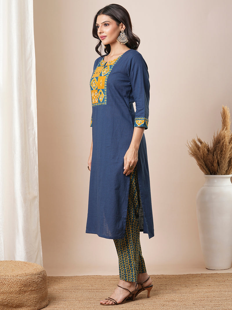 Blue straight kurta set with traditional block printed bottoms and kota dupatta.