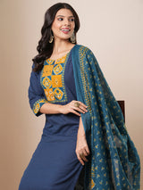 Blue straight kurta set with traditional block printed bottoms and kota dupatta.