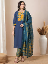 Blue straight kurta set with traditional block printed bottoms and kota dupatta.