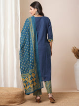 Blue straight kurta set with traditional block printed bottoms and kota dupatta.