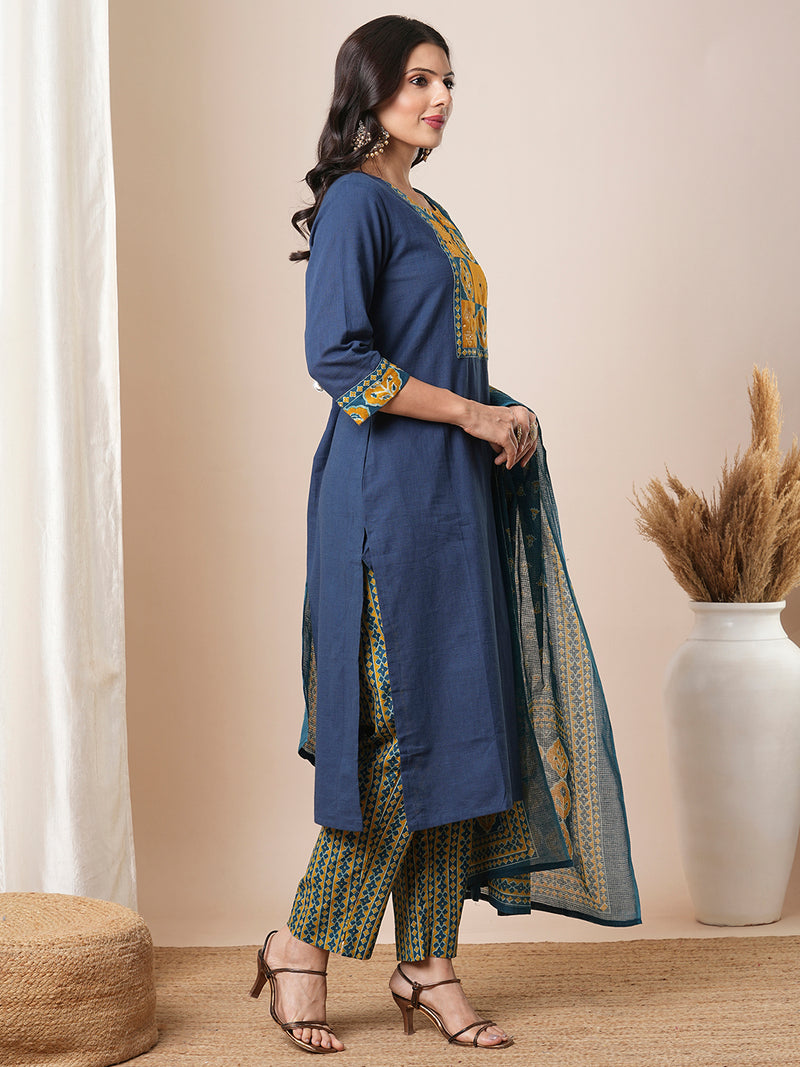 Blue straight kurta set with traditional block printed bottoms and kota dupatta.