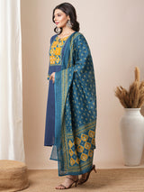 Blue straight kurta set with traditional block printed bottoms and kota dupatta.